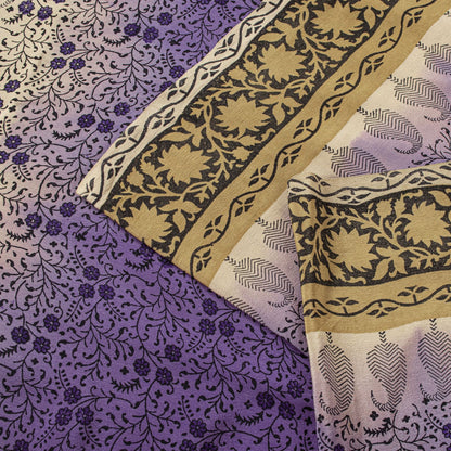 Sanskriti Vintage Saree Violet Pure Crepe Floral Print Sari 6.5+Yd Craft Fabric