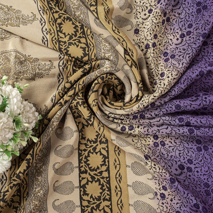 Sanskriti Vintage Saree Violet Pure Crepe Floral Print Sari 6.5+Yd Craft Fabric