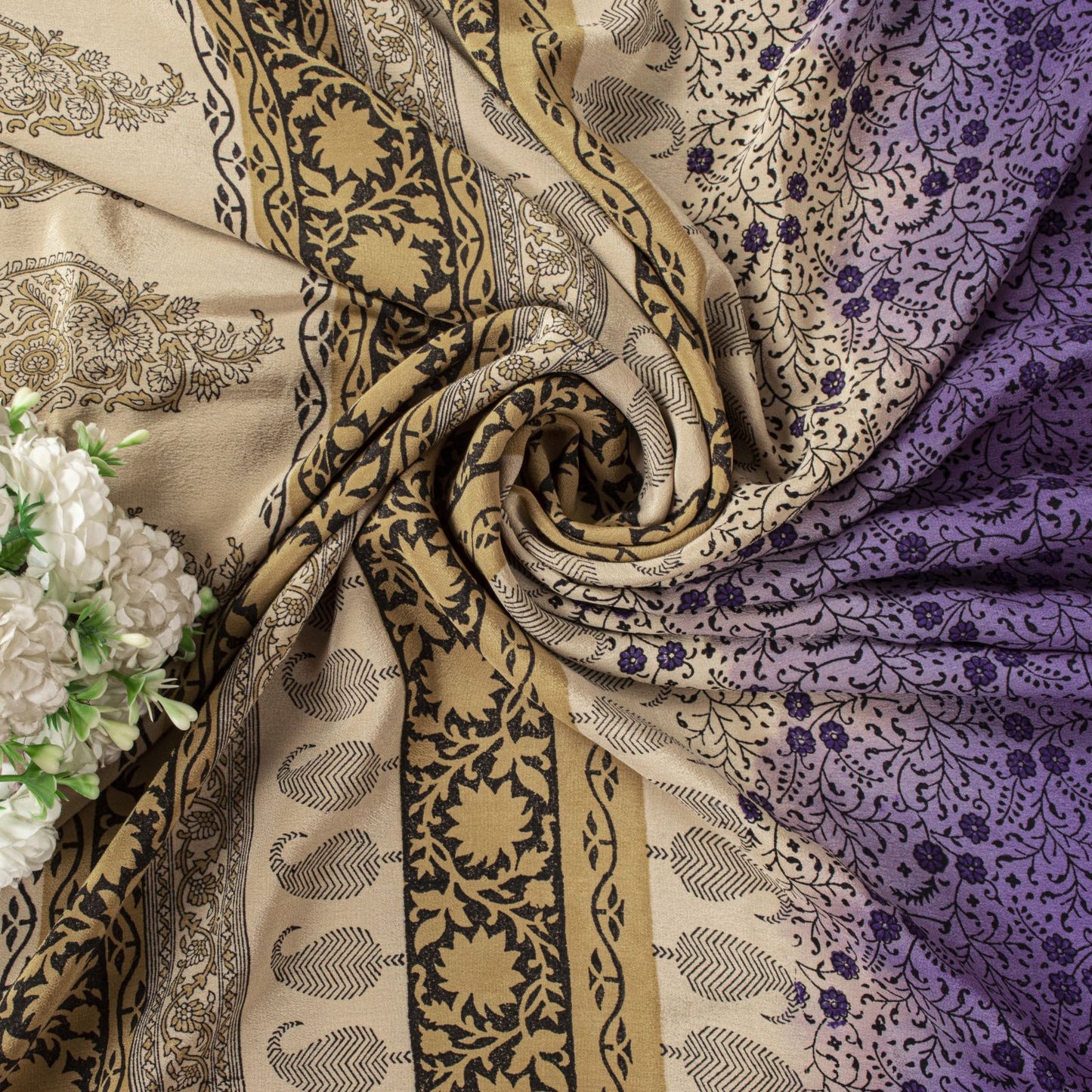 Sanskriti Vintage Saree Violet Pure Crepe Floral Print Sari 6.5+Yd Craft Fabric