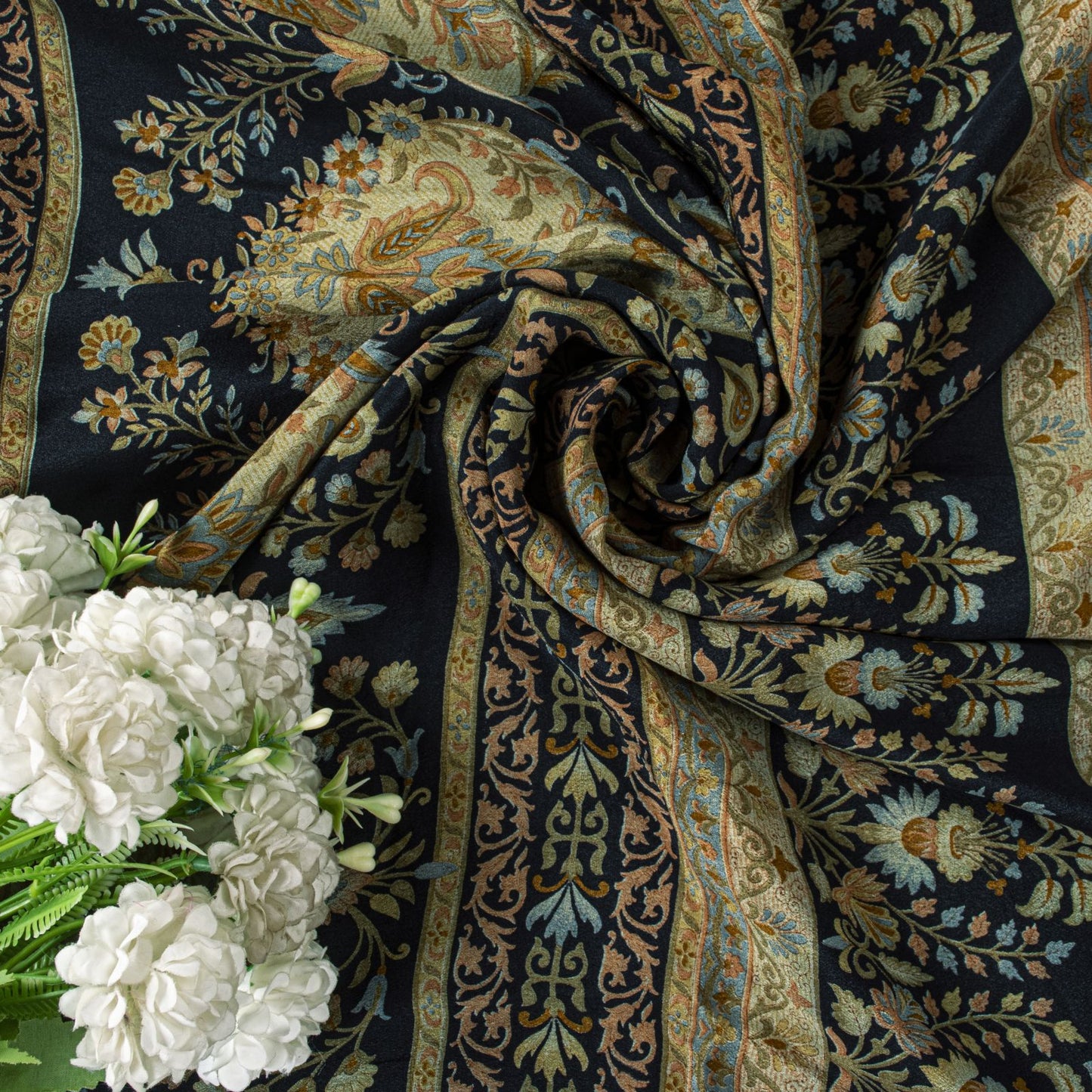 Sanskriti Vintage Saree Blue 100%Pure Crepe Floral Printed Sari 6Yd Craft Fabric