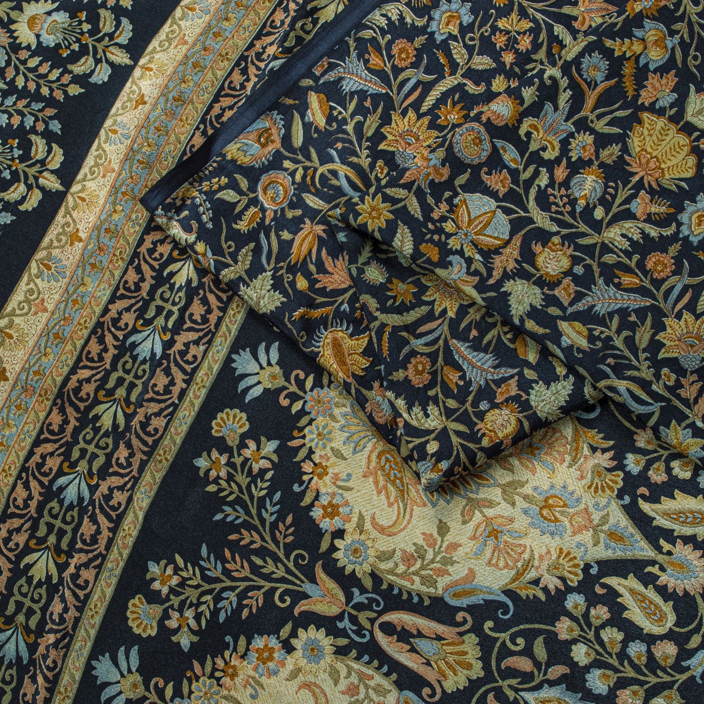 Sanskriti Vintage Saree Blue 100%Pure Crepe Floral Printed Sari 6Yd Craft Fabric
