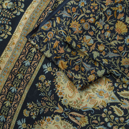 Sanskriti Vintage Saree Blue 100%Pure Crepe Floral Printed Sari 6Yd Craft Fabric
