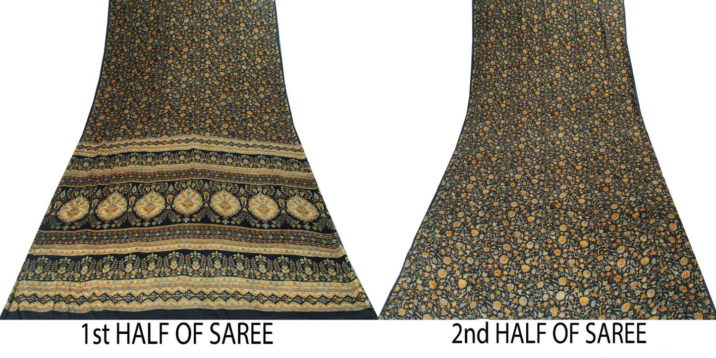 Sanskriti Vintage Saree Blue 100%Pure Crepe Floral Printed Sari 6Yd Craft Fabric
