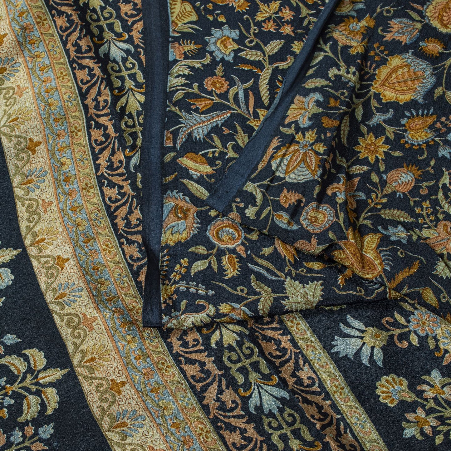 Sanskriti Vintage Saree Blue 100%Pure Crepe Floral Printed Sari 6Yd Craft Fabric