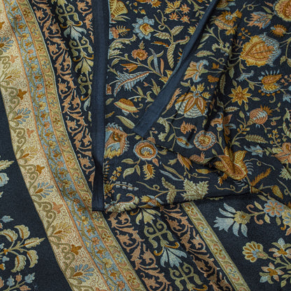 Sanskriti Vintage Saree Blue 100%Pure Crepe Floral Printed Sari 6Yd Craft Fabric