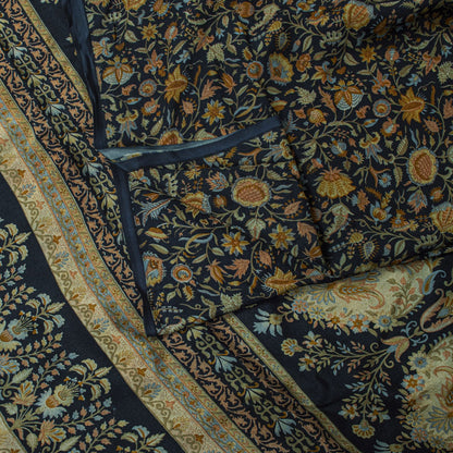 Sanskriti Vintage Saree Blue 100%Pure Crepe Floral Printed Sari 6Yd Craft Fabric