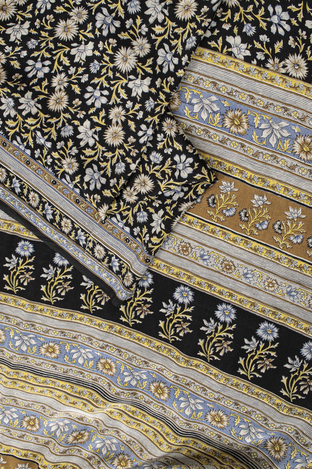 Sanskriti Vintage Saree Black Pure Crepe Kalamkari Printed Sari 6Yd Craft Fabric