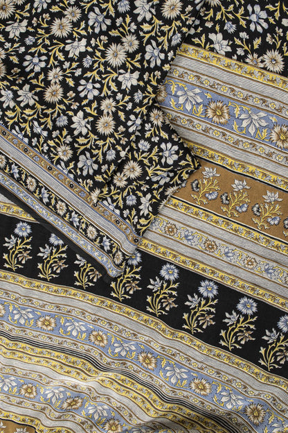 Sanskriti Vintage Saree Black Pure Crepe Kalamkari Printed Sari 6Yd Craft Fabric