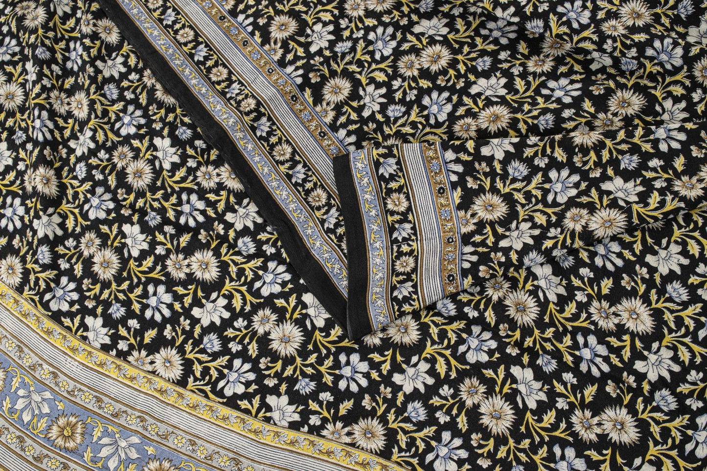 Sanskriti Vintage Saree Black Pure Crepe Kalamkari Printed Sari 6Yd Craft Fabric