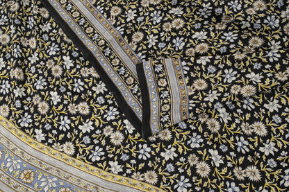 Sanskriti Vintage Saree Black Pure Crepe Kalamkari Printed Sari 6Yd Craft Fabric