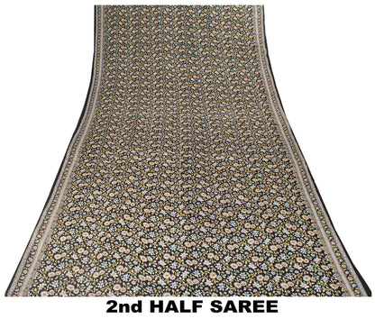 Sanskriti Vintage Saree Black Pure Crepe Kalamkari Printed Sari 6Yd Craft Fabric