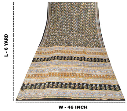 Sanskriti Vintage Saree Black Pure Crepe Kalamkari Printed Sari 6Yd Craft Fabric