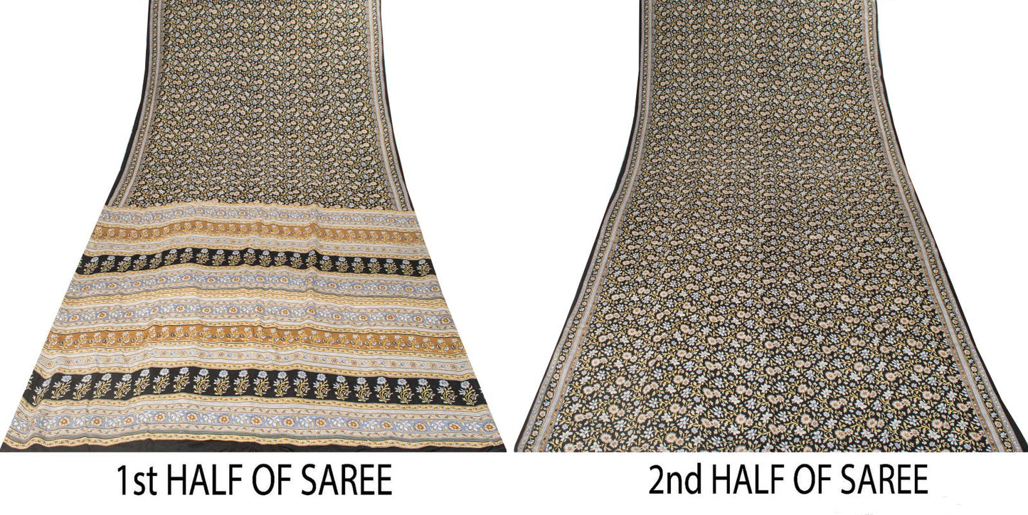 Sanskriti Vintage Saree Black Pure Crepe Kalamkari Printed Sari 6Yd Craft Fabric