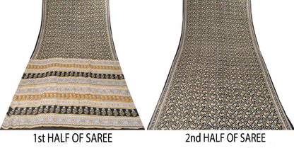 Sanskriti Vintage Saree Black Pure Crepe Kalamkari Printed Sari 6Yd Craft Fabric