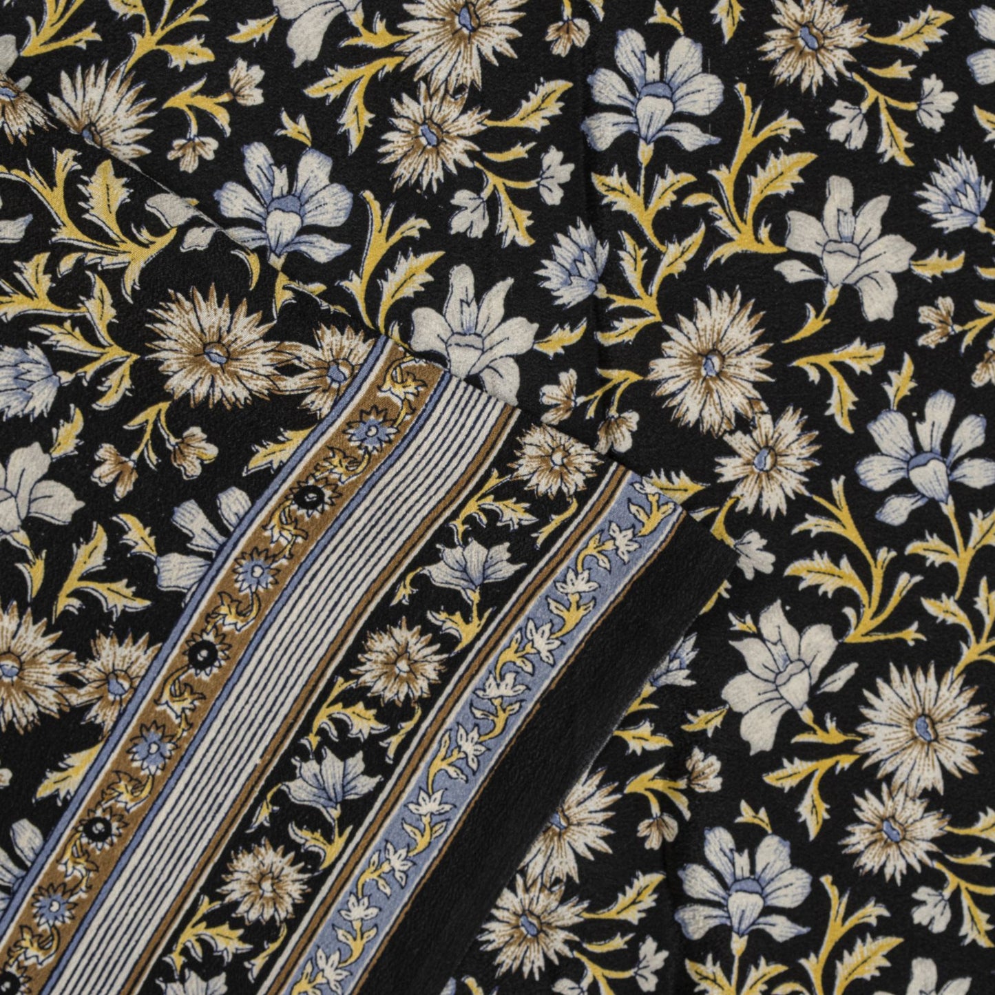 Sanskriti Vintage Saree Black Pure Crepe Kalamkari Printed Sari 6Yd Craft Fabric