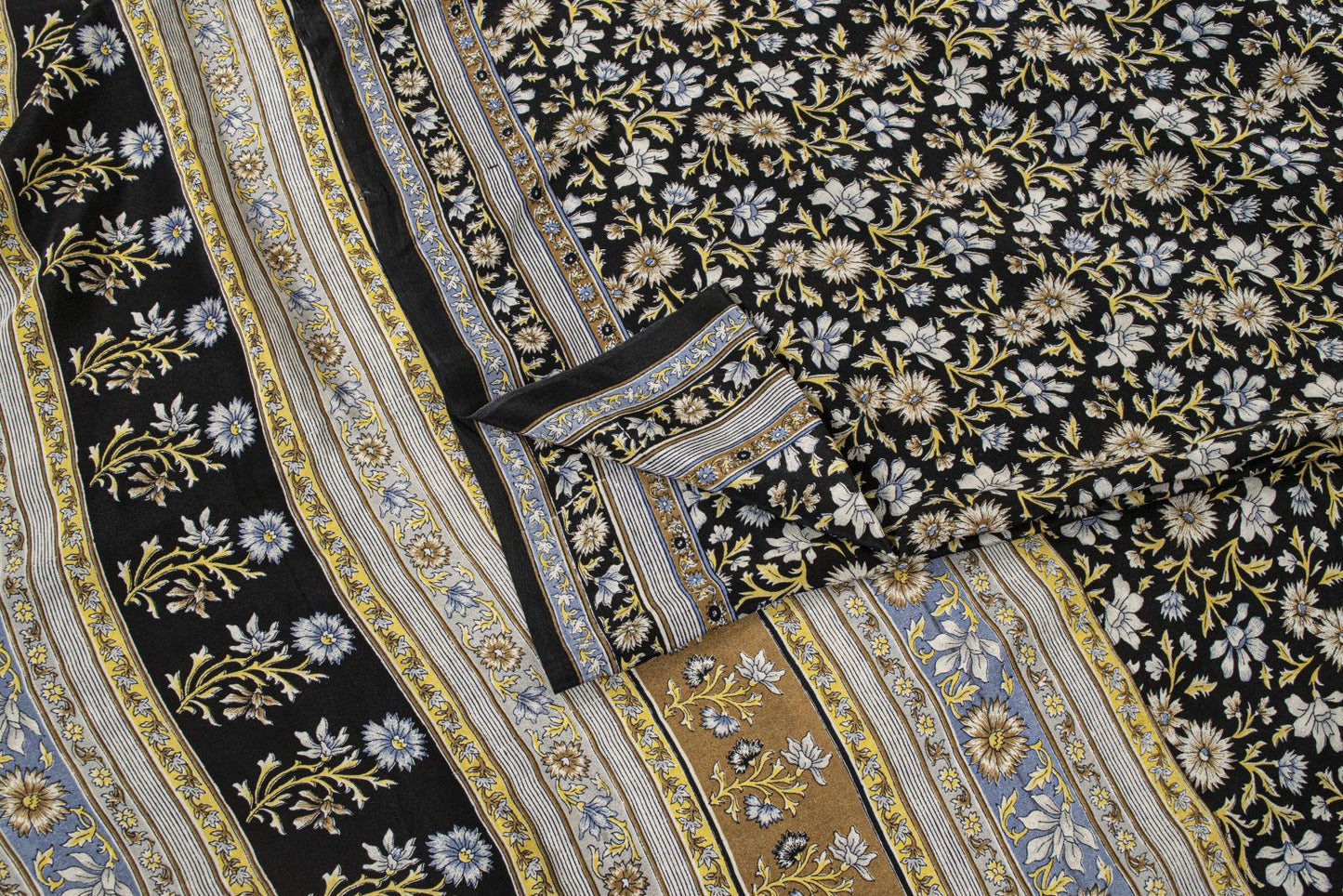 Sanskriti Vintage Saree Black Pure Crepe Kalamkari Printed Sari 6Yd Craft Fabric
