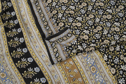 Sanskriti Vintage Saree Black Pure Crepe Kalamkari Printed Sari 6Yd Craft Fabric