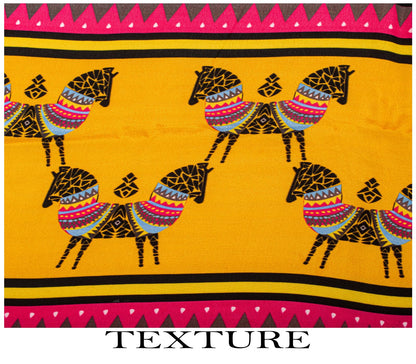 Sanskriti Vintage Saree Yellow Pure Crepe Pithora Art Printed Sari 5.5+Yd Fabric