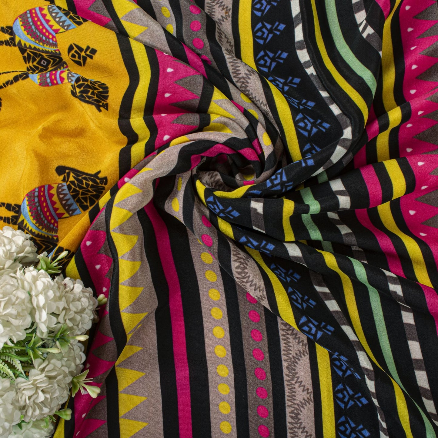 Sanskriti Vintage Saree Yellow Pure Crepe Pithora Art Printed Sari 5.5+Yd Fabric