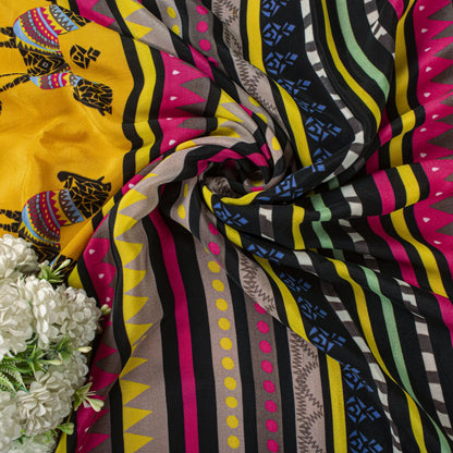 Sanskriti Vintage Saree Yellow Pure Crepe Pithora Art Printed Sari 5.5+Yd Fabric