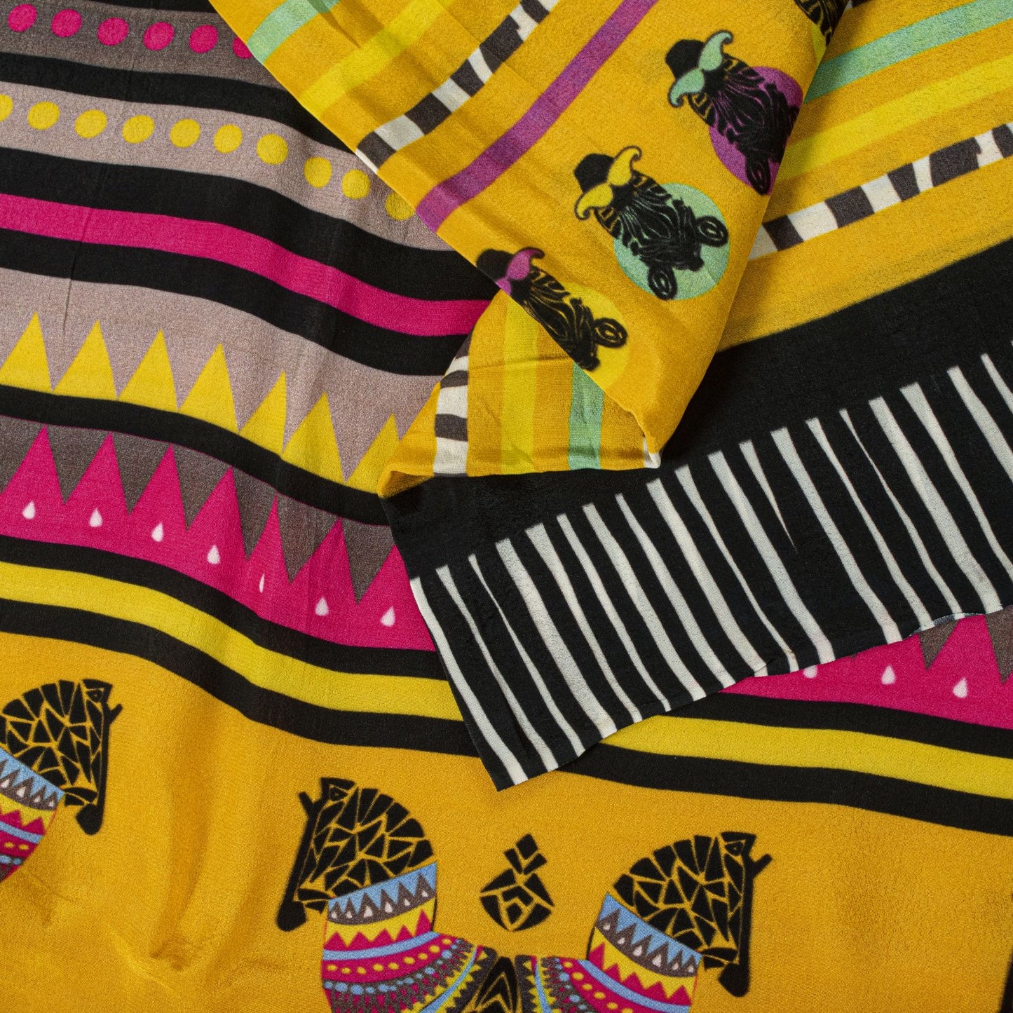 Sanskriti Vintage Saree Yellow Pure Crepe Pithora Art Printed Sari 5.5+Yd Fabric