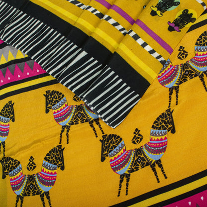 Sanskriti Vintage Saree Yellow Pure Crepe Pithora Art Printed Sari 5.5+Yd Fabric