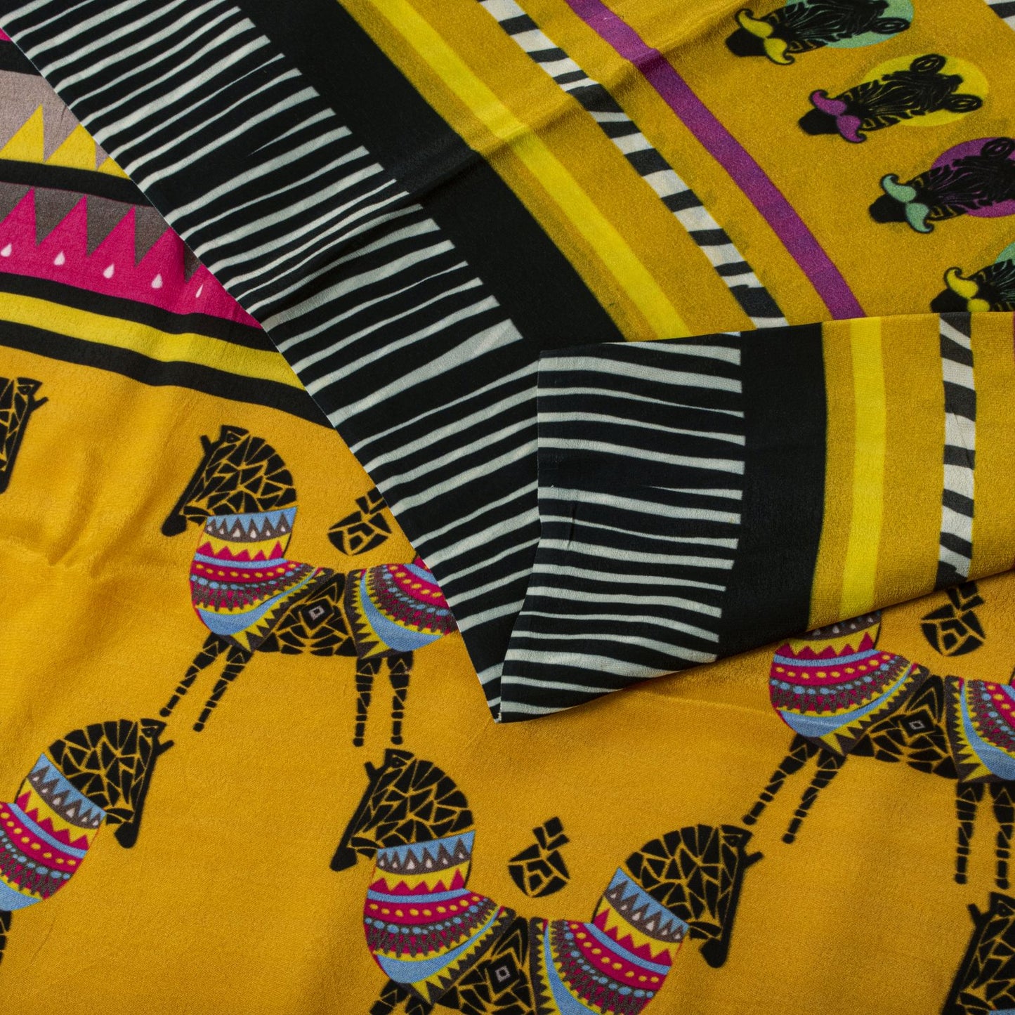 Sanskriti Vintage Saree Yellow Pure Crepe Pithora Art Printed Sari 5.5+Yd Fabric