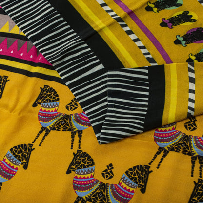 Sanskriti Vintage Saree Yellow Pure Crepe Pithora Art Printed Sari 5.5+Yd Fabric