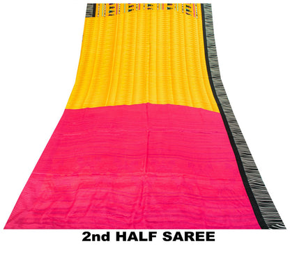 Sanskriti Vintage Saree Yellow Pure Crepe Pithora Art Printed Sari 5.5+Yd Fabric