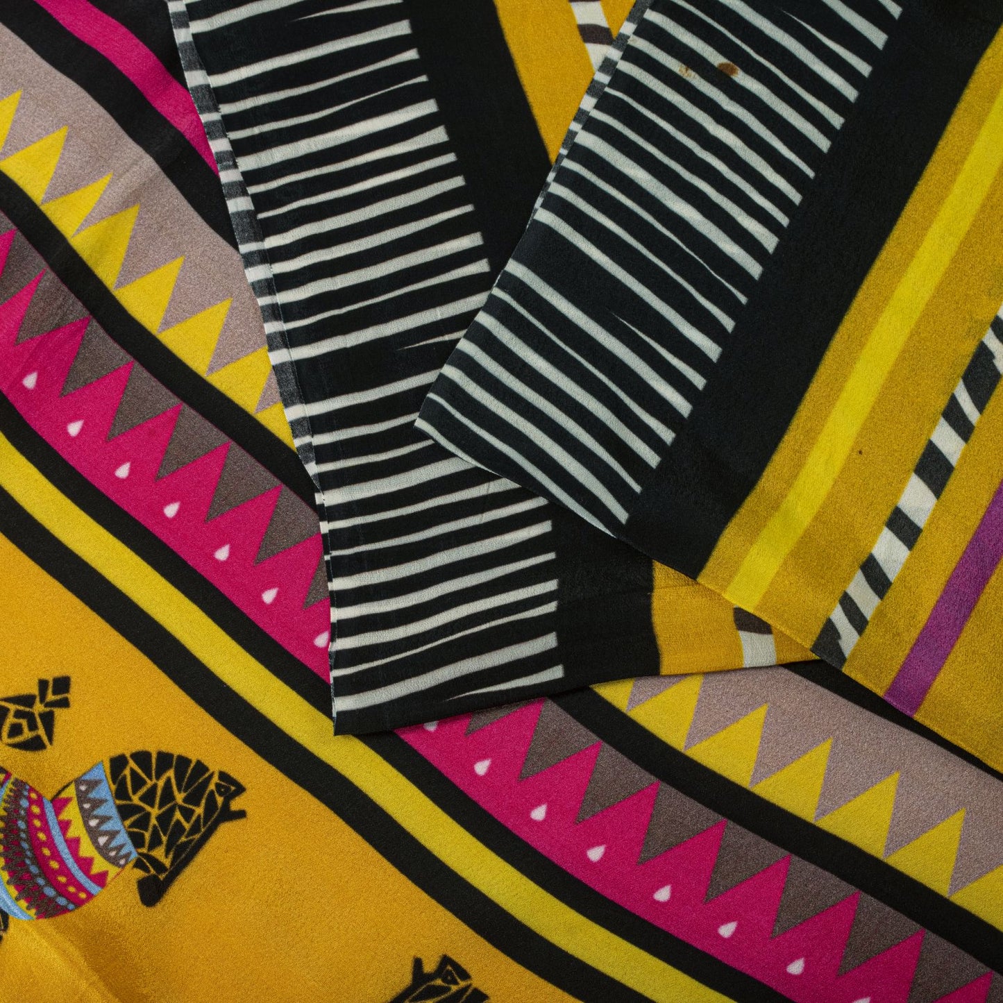 Sanskriti Vintage Saree Yellow Pure Crepe Pithora Art Printed Sari 5.5+Yd Fabric