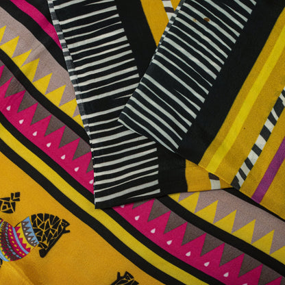Sanskriti Vintage Saree Yellow Pure Crepe Pithora Art Printed Sari 5.5+Yd Fabric