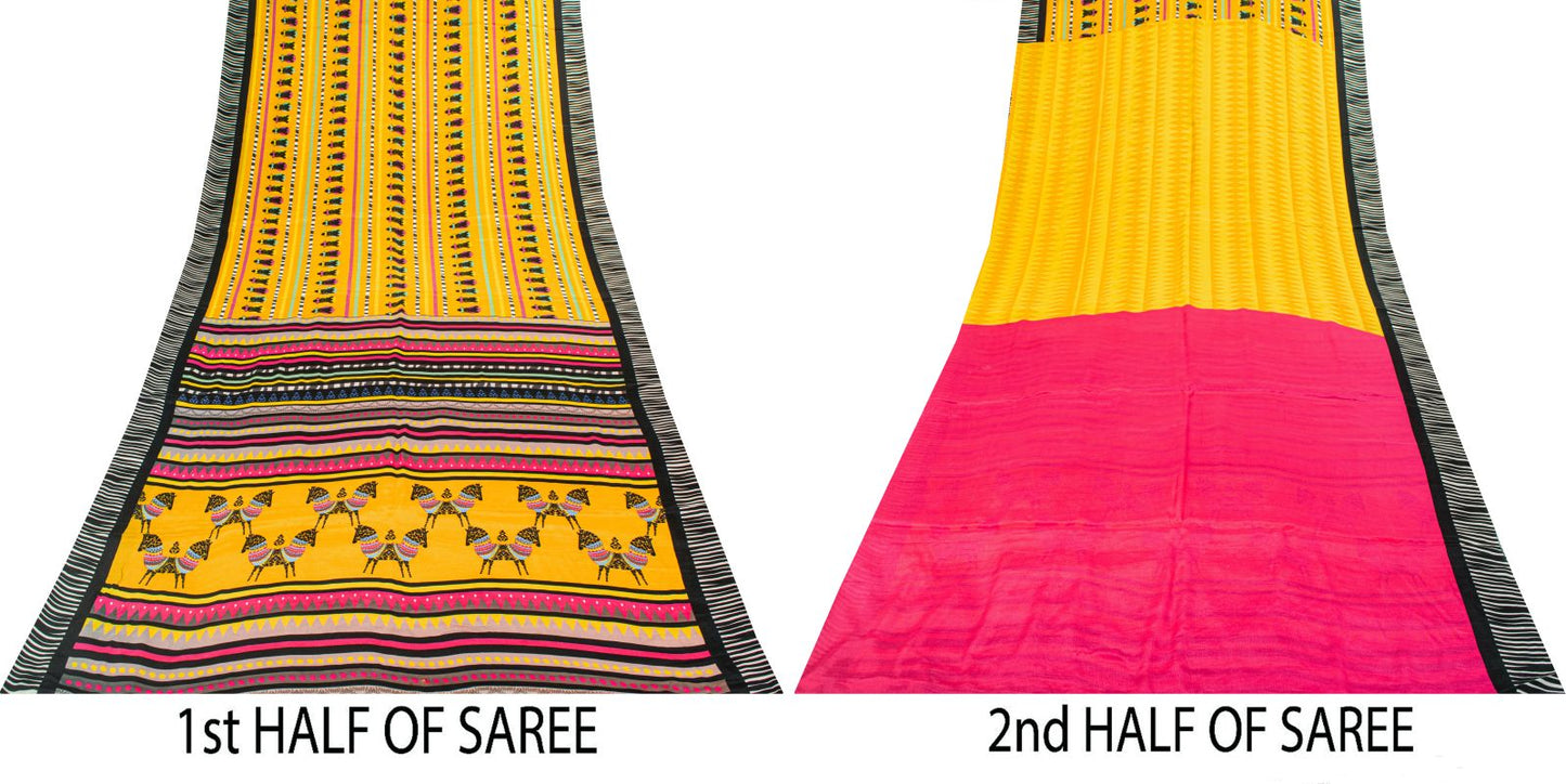 Sanskriti Vintage Saree Yellow Pure Crepe Pithora Art Printed Sari 5.5+Yd Fabric