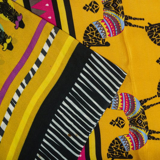 Sanskriti Vintage Saree Yellow Pure Crepe Pithora Art Printed Sari 5.5+Yd Fabric