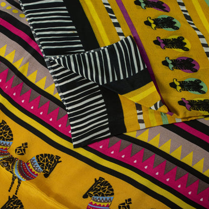 Sanskriti Vintage Saree Yellow Pure Crepe Pithora Art Printed Sari 5.5+Yd Fabric
