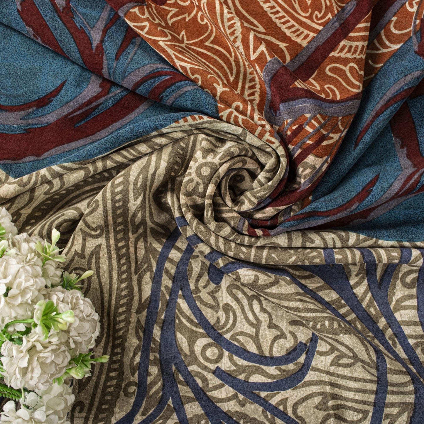 Sanskriti Vintage Saree Cream-Orange Pure Crepe Paisley Print Sari 5.5+Yd Fabric