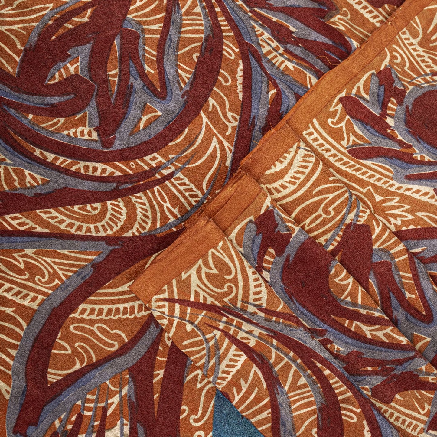 Sanskriti Vintage Saree Cream-Orange Pure Crepe Paisley Print Sari 5.5+Yd Fabric