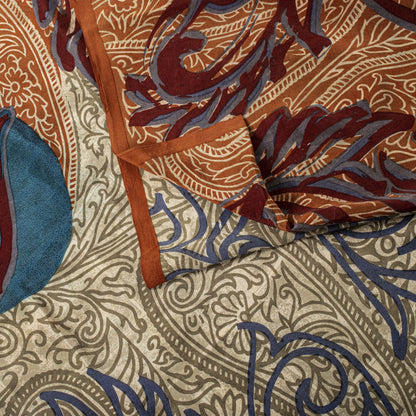 Sanskriti Vintage Saree Cream-Orange Pure Crepe Paisley Print Sari 5.5+Yd Fabric