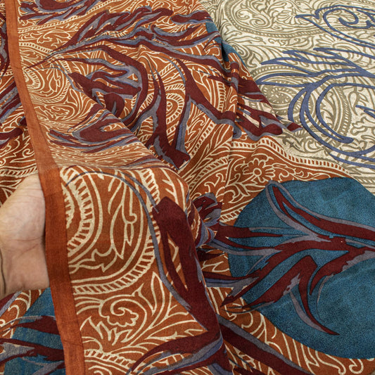 Sanskriti Vintage Saree Cream-Orange Pure Crepe Paisley Print Sari 5.5+Yd Fabric