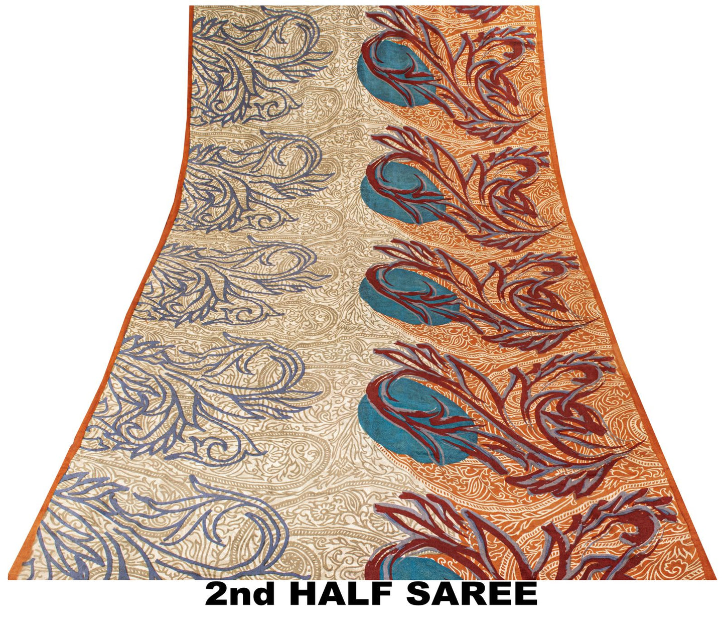 Sanskriti Vintage Saree Cream-Orange Pure Crepe Paisley Print Sari 5.5+Yd Fabric
