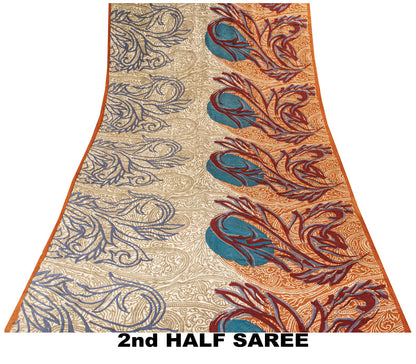 Sanskriti Vintage Saree Cream-Orange Pure Crepe Paisley Print Sari 5.5+Yd Fabric