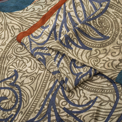 Sanskriti Vintage Saree Cream-Orange Pure Crepe Paisley Print Sari 5.5+Yd Fabric