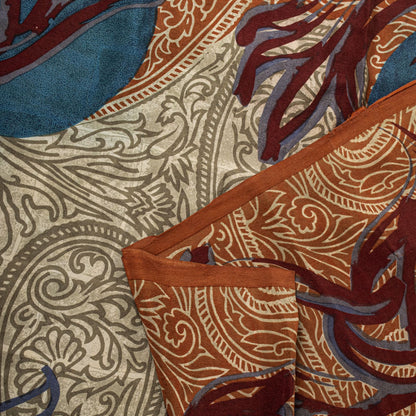Sanskriti Vintage Saree Cream-Orange Pure Crepe Paisley Print Sari 5.5+Yd Fabric
