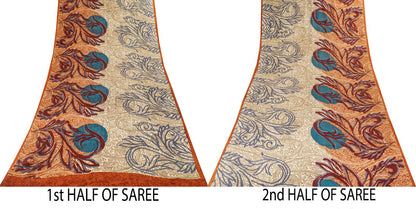 Sanskriti Vintage Saree Cream-Orange Pure Crepe Paisley Print Sari 5.5+Yd Fabric