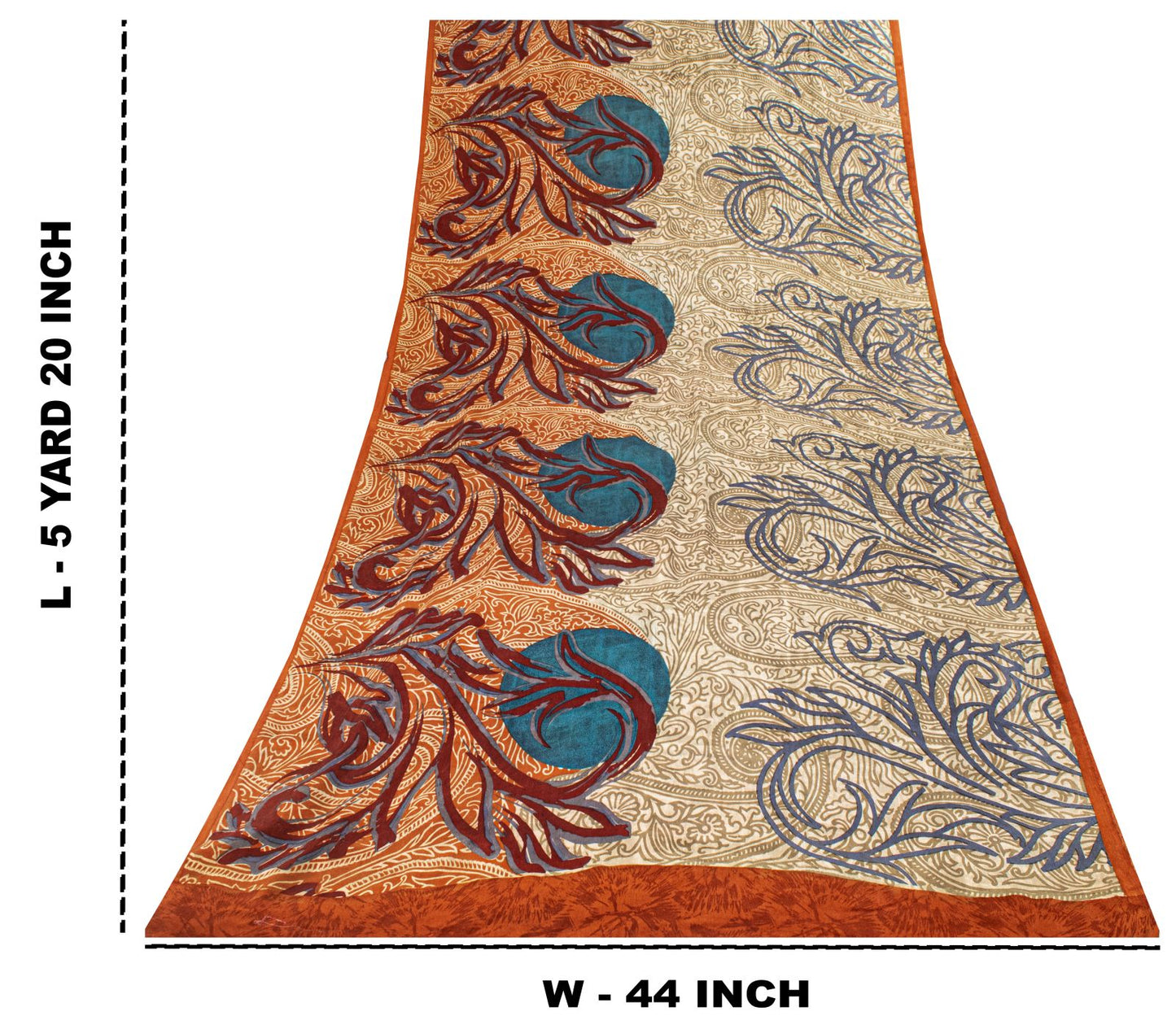 Sanskriti Vintage Saree Cream-Orange Pure Crepe Paisley Print Sari 5.5+Yd Fabric