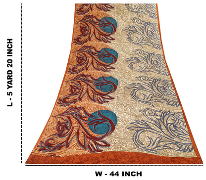 Sanskriti Vintage Saree Cream-Orange Pure Crepe Paisley Print Sari 5.5+Yd Fabric