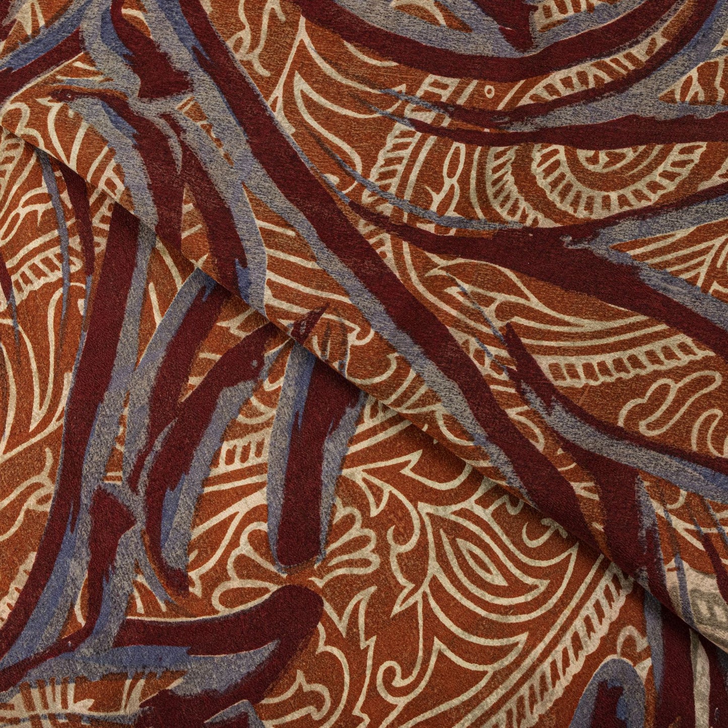 Sanskriti Vintage Saree Cream-Orange Pure Crepe Paisley Print Sari 5.5+Yd Fabric
