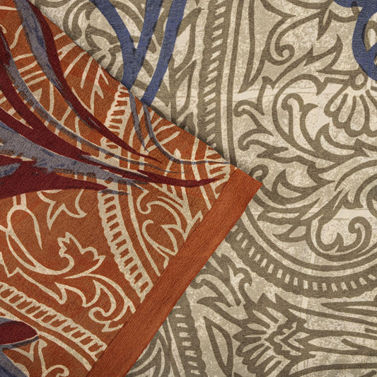Sanskriti Vintage Saree Cream-Orange Pure Crepe Paisley Print Sari 5.5+Yd Fabric