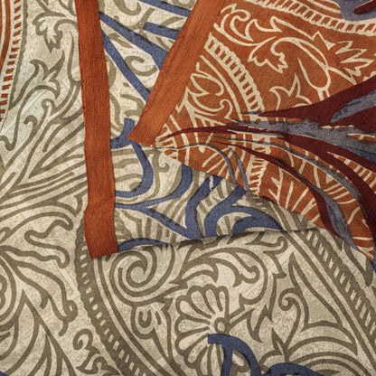 Sanskriti Vintage Saree Cream-Orange Pure Crepe Paisley Print Sari 5.5+Yd Fabric