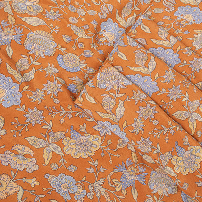 Sanskriti Vintage Saree Orange Pure Crepe Kalamkari Floral Sari 5.5+Yard Fabric