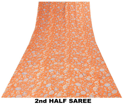 Sanskriti Vintage Saree Orange Pure Crepe Kalamkari Floral Sari 5.5+Yard Fabric